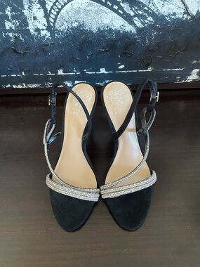 Vince Camuto Black Crystal-Trim Slingback Heels. Made In Brazil. Euro 38- US 7.5